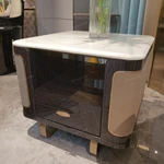 Curved Marble-Top SideTable with Woven Leather Sides, Open Shelf and Single Drawer